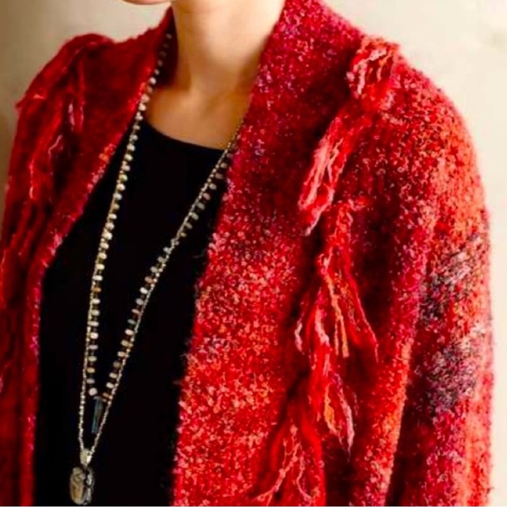 Anthropologie Sleeping On Snow Red Fringe Boucle Cocoon Cardigan Wool Blend Boho